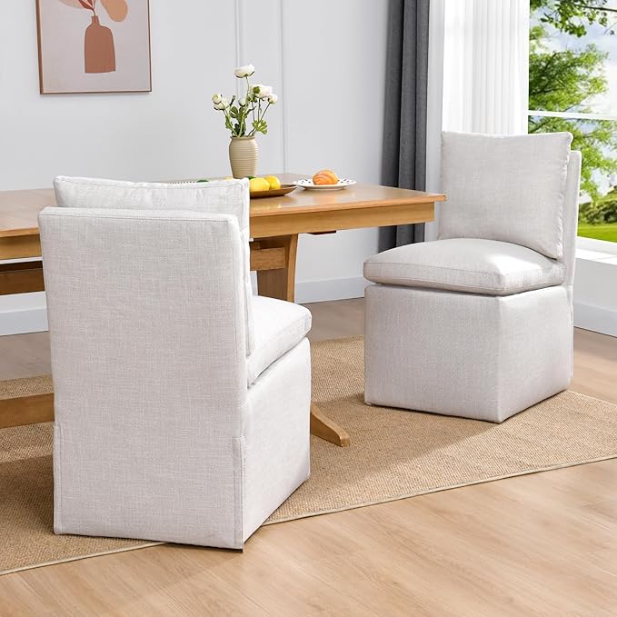 DUHOME Upholstered Armless Dining Chair with Casters,Linen Dining Chairs Set of 2 for Living Room,Single Sofa Chair with 4 Casters for Bedroom Reading Room Waiting Room Kitchen Dining Room