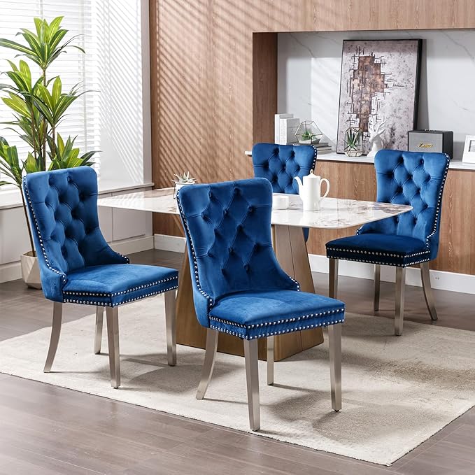 Luxury Upholstered Dining Chairs Set of 6, Blue Kitchen Chair with Silver Metal Legs, Velvet Tufted Back Dining Chair, Sillas de Comedor, Modern Kitchen & Dining Room Chairs (Blue, 6 Pcs)