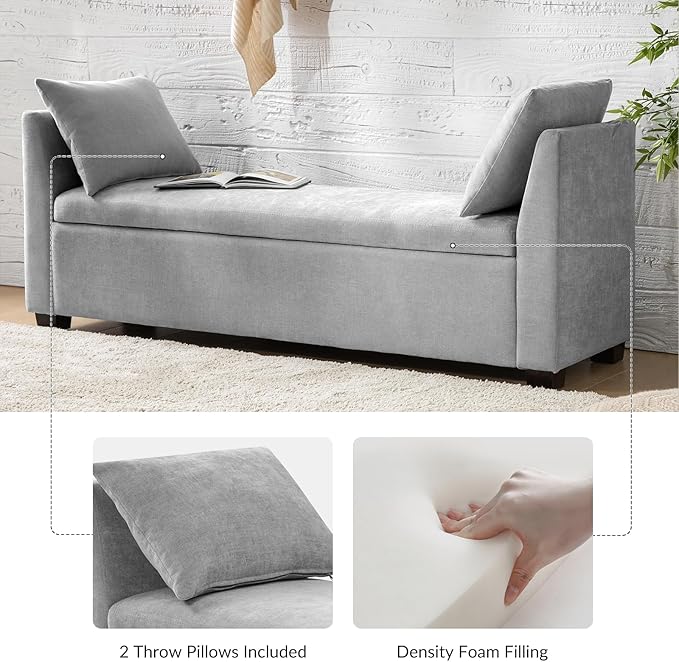 EcoHarbor Living 60" Storage Ottoman Bench with Pillows, Water Resistant Storage Bench End of Bed Upholstered Bedroom Entryway Storage Ottoman Foot Stools, Grey
