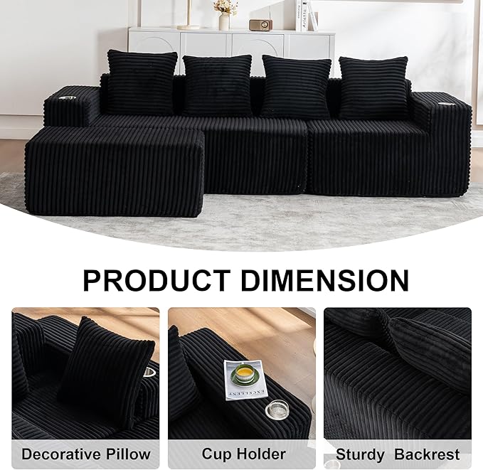 106" Modular Sectional Sofa, Modern Cloud L-Shape Couch with Ottoman Chaise, Comfy Deep Seat Chenille Boneless Couches for Living Room, No Assembly Required, Black