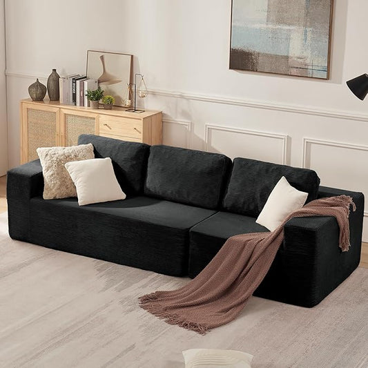 106" 3-Seater Sofa, Cloud Modular Sofa with Certified Foam, Upholstered Floor Sofa with Deep Seat, Upholstered Sofa for Bedroom Living Room, No Assembly Required (Corduroy Fabric, Black)