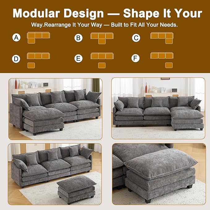 111.4" Cloud L Shaped Sectional Couch with Ottoman｜Modular Chenille Sofa with 29.1" Deep Seat｜FSC Solid Wood Frame｜Easy Assembly & 1YR Guarantee｜for Living Room Bedroom Apartment，Grey