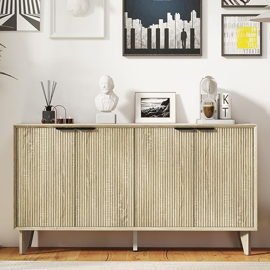 Fluted Cabinet with Storage, Buffet Storage with 4 Doors, Buffet Sideborad Accent Cabinet with Adjustable Shelves for Living Room, Kitchen, Entry, Hallway, Natural