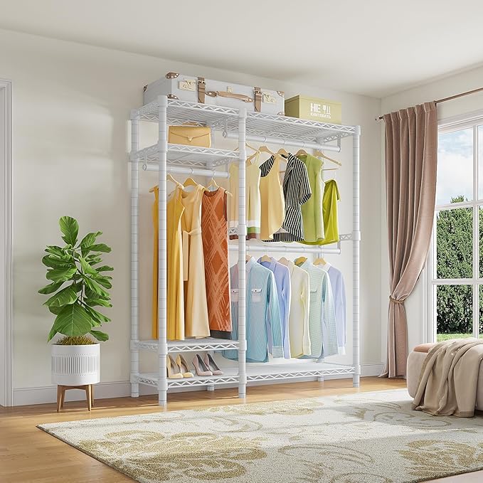 VIPEK V2 Heavy Duty Clothes Rack 4 Tiers Wire Shelving Garment Racks with 3 Hanging Rods Compact Freestanding Closet Metal Closet Rack, Max Load 700LBS, White