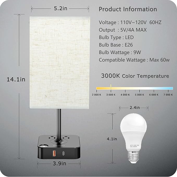 COZOO USB Bedside Dimmable Table Desk Lamp with 2 USB Charging Ports 2 Outlets Power Strip,Black Charger Base Flaxen Fabric Shade, LED Light for Bedroom/Nightstand/Living Room/Dorm/Home Office/College