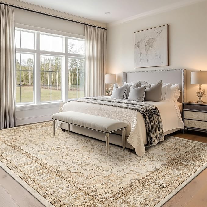 10x14 Area Rugs for Large Living Room Washable Soft Boho Vintage Floral Stain Resistant Indoor Floor Carpet Rug Low Pile Accent Rugs for Bedroom Family Room Nursery Dorm Office Dining Room,Beige