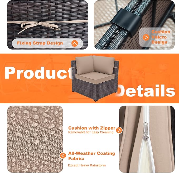 Kurapika 13 Pieces Patio Furniture Set, Rattan Wicker Outdoor Conversation Sets w/43in Propane Fire Pit Table and 4 Inch Cushion(Sand)