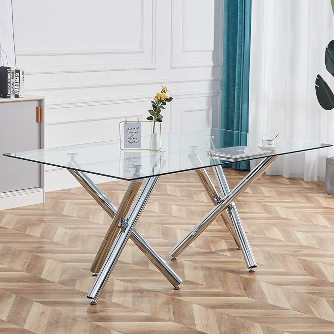 Modern Glass Dining Table for 6-8, Rectangular Glass Kitchen Table with Tempered Glass Tabletop and Silver Chrome Metal Legs for Kitchen Dining Room (Silver2)
