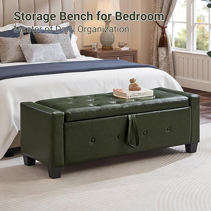 48" Faux Leather Ottoman with Storage, Tufted Storage Ottoman Bench with Safety Hinge, Rectangular Extra Long Bench for Bedroom, Living Room, Entryway and Window, Green