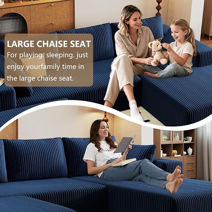 96" U-Shape Cloud Couch, Modern Modular Sectional L-Shape Sofa with Ottoman, Corduroy Upholstered Couches Deep Seat Sleeper Chaise Longue for Living Room, No Assembly Required(Blue, Right Facing)