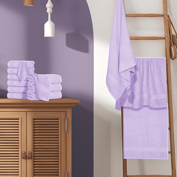 BOUTIQUO 24 Pack Cotton Towel Set, Contains 6 Bath Towels 27x54 inch, 6 Hand Towels 16x24 inch & 12 Wash Coths 12x12 inch, Ideal Everyday use, Ultra Soft Compact & Lightweight - Purple