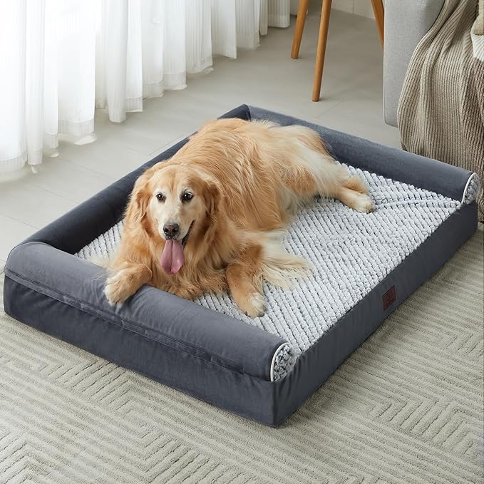 WNPETHOME Orthopedic Dog Beds for Large Dogs, Waterproof Memory Foam Large Dog Bed with Sides, Non-Slip Bottom and Egg-Crate Foam Big Pet Couch Bed with Washable Removable Cover,
