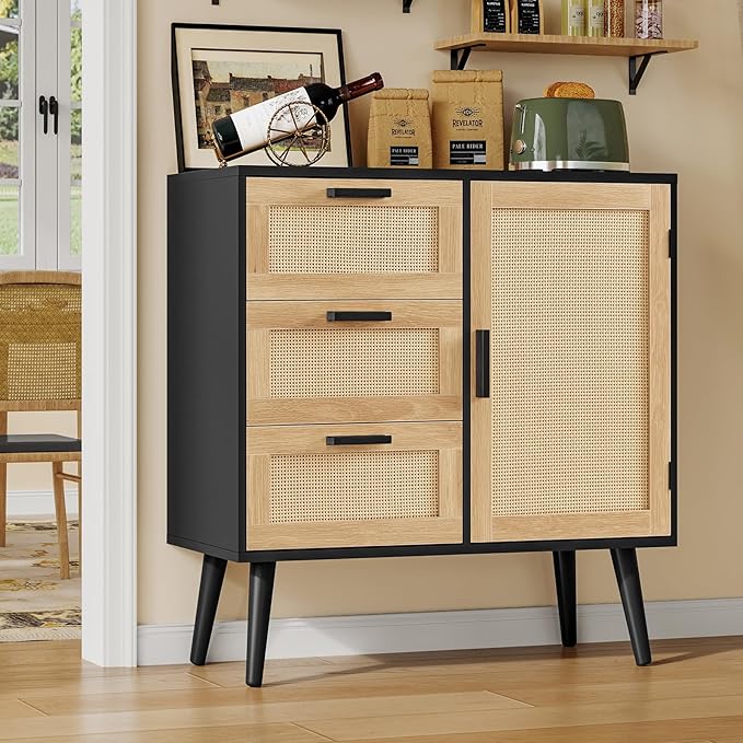 Iwell Storage Cabinet with Rattan Door & 3 Drawers, Rattan Cabinet with Adjustable Shelf, Sideboard Buffet Cabinets with Storage, Entryway Cabinets, for Living Room, Dining Room, Entryway, Black