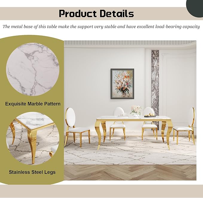 7-Piece Dining Table Set for 6, Faux Marble Modern Dining Table Set with 6 Oval Backrest Upholstered Chairs, 70“ Stainless Steel Legs Table & Chair Set for Kitchen, White & Gold