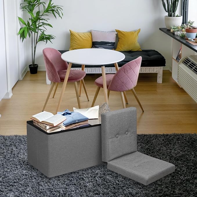 CAROLMADE 30 Inches Storage Ottoman Bench with Flipping Lid, Linen Foldable Storage Footrest, Ottoman with Storage for Living Room Holds up to 330lbs, Light Grey