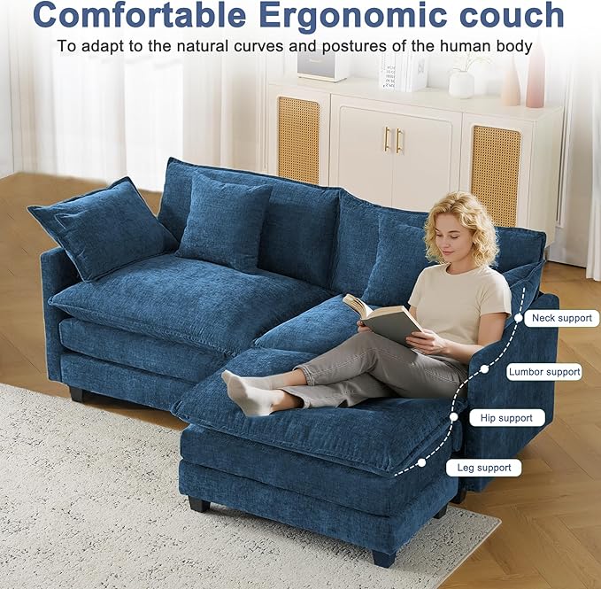 77" Cloud Chenille L-Shaped Sofa with Ottoman | Space-Saving Apartment Couch with 29.1" Deep Seat & Footrest | FSC Certified Solid Wood & Metal Frame | Easy Assembly & 1YR Guarantee
