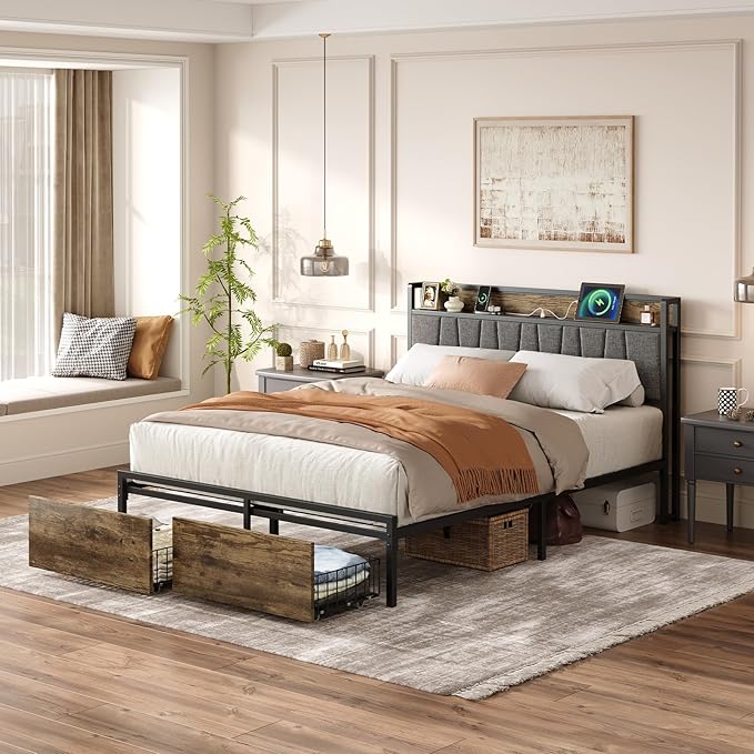 Queen Bed Frame with Storage Drawers and Charging Station, Upholstered Headboard Metal Platform Bed with USB Ports, No Box Spring Needed, Easy Assembly, Dark Brown