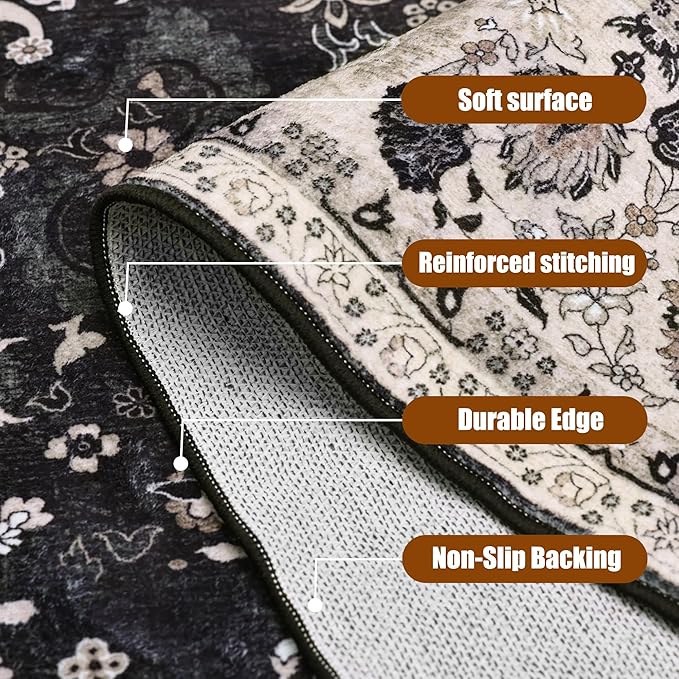 9x12 Rugs for Bedroom, Vintage Washable Rugs Non Slip Large Area Rug for Living Room Dining Room Office, Floor Decoration Big Rug Carpet Low-Pile Kid & Pet Friendly(Blcak Navy Multi