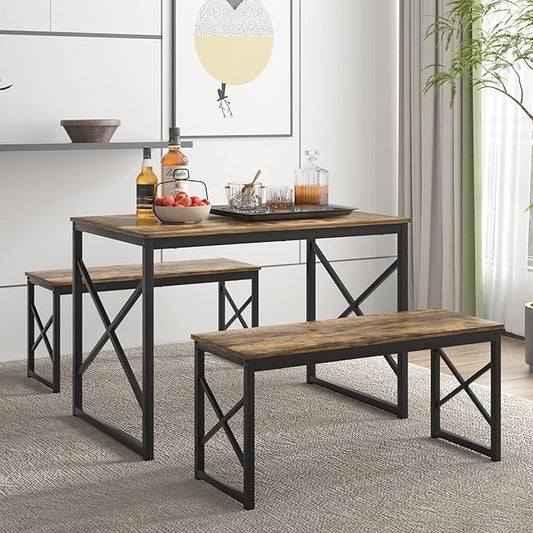 VECELO Kitchen Dining Table Benches Set for 4, 43.3" Wooden Dinette with 2 Benches, Heavy-Duty Dining Room Table for Small Space, Breakfast Nook, Brown