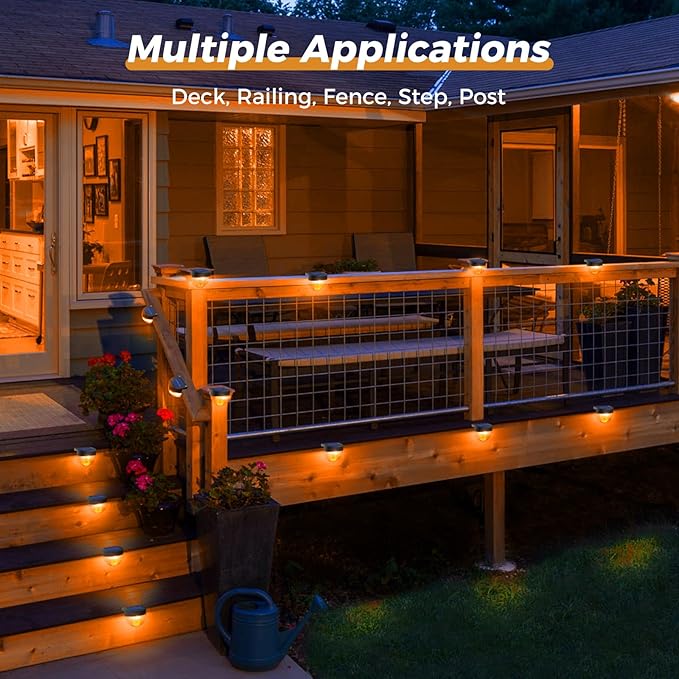 btfarm 8 Pack Solar Deck Lights Outdoor Waterproof, Retro LED Patio Lights Solar Powered, Solar Fence Light for Outside Railing Porch Steps Garden Post Decor, Flame-Coloured