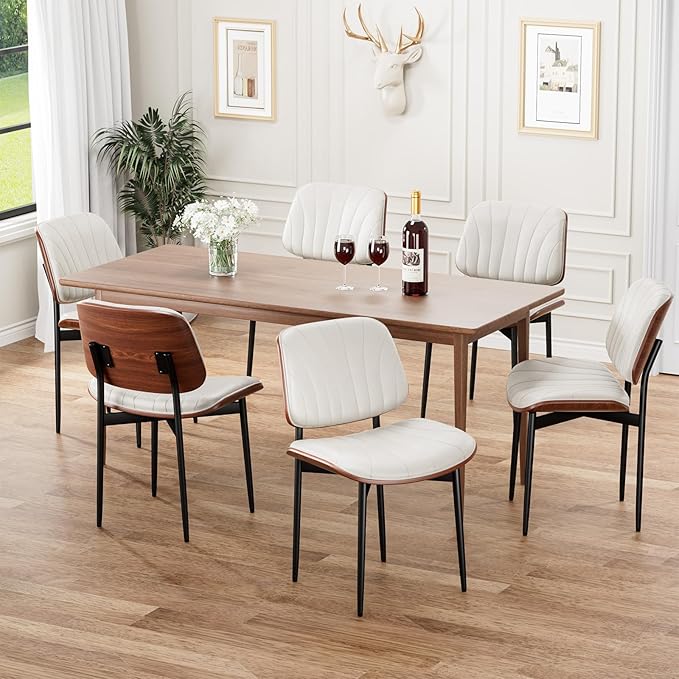 Dining Chairs Set of 8, Mid-Century Modern Upholstered PU Leather Chairs with Walnut Bentwood Back and Metal Legs Adjustable Feet for Kitchen Dining Room, Off-White Shell Strips