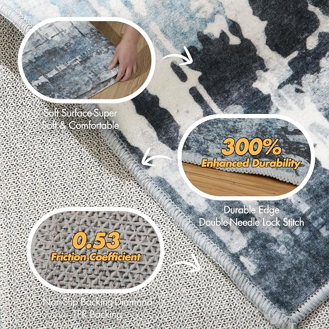 6x9 Soft Washable Area Rugs for Living Room and Bedroom, Non-Slip Stain Resistant Indoor Carpet, Cozy Floor Mat for Dining Room, Office, Under TableStain Resistant Blue