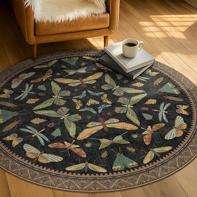 Black Boho 5ft Round Throw Rugs for Living Room - Dark Unique Insect Print Large Entryway Rug, Low Pile & Soft Carpet for Bedroom Beside Bed, Kids Playroom, Non Slip Stain Resistant Home Décor