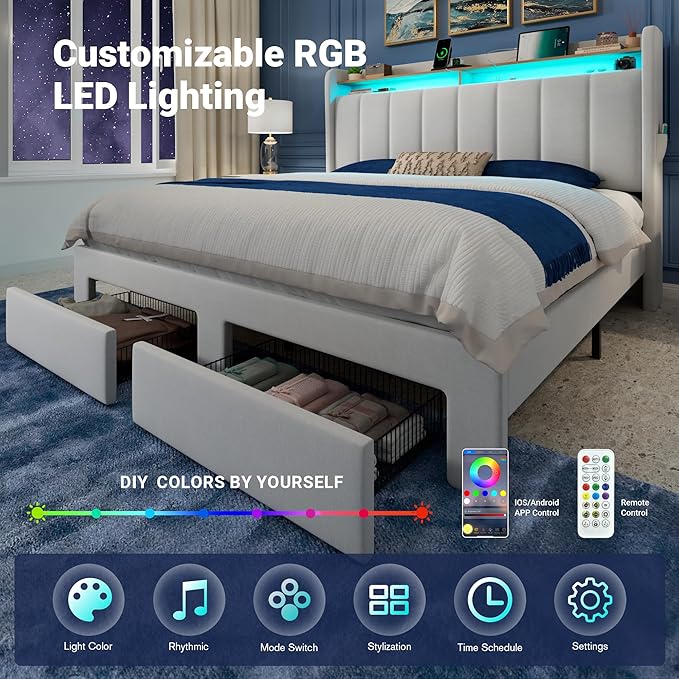 Allewie Velvet Vertical Tufted Queen Upholstered Platform Bed Frame with 2-Tier LED Storage Headboard & 2 Storage Drawers, USB & Type-C Charging Ports, Noise-Free/No Box Spring Needed, White