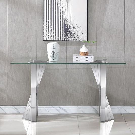 Goujxcy Modern Glass Console Table 55" Entryway Table with Tempered Glass Top and Mirror Finish Stainless Steel Legs, Luxury Rectangular Sofa Table for Living Room Hallway Corridor Table (Silver)