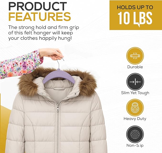 Premium Velvet Hangers 50 Pack Ultra Thin Non Slip Adult Felt Space Saving Suit Hanger for Closet Heavy Duty Coat Pants Jackets Dress Hangers 360° Swivel Hook Hold Upto 10 lbs Purple Hangers