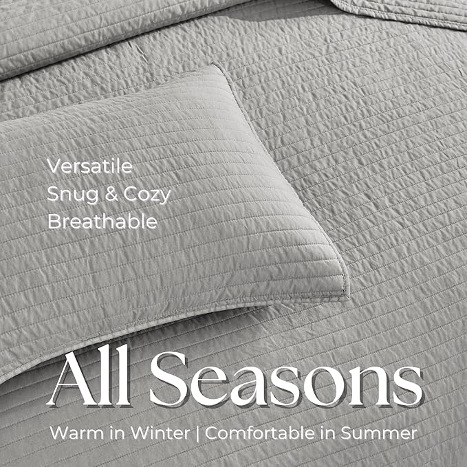 DOWN HOME Twin Quilt Bedding Set with Sham, Vintage Washed Soft Quilted Blanket Thin Comforter Lightweight Bedspread Coverlet Bed Cover, Brushed Microfiber Stripe Stitching, Light Gray, 66"x92"