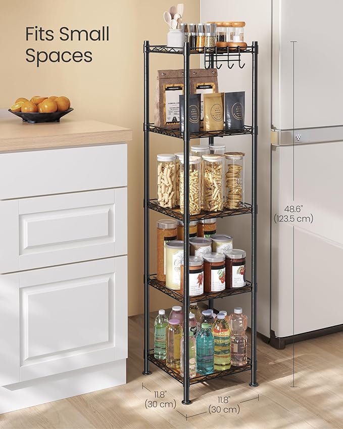 SONGMICS 5-Tier Bathroom Shelf, Storage Rack for Small Space, with 5 PP Shelf Liners, Removable Hook, Extendable Design, Ink Black and Rustic Brown ULGR023B02