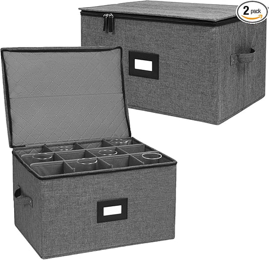 Mayniu Wine Glass Storage Box 2 Pack, Stemware Storage Containers Cases, Glassware Storage for 24 Crystal Glasses, Hard Shell Top Sides Bottom and Stackable (17'' x 13'' x 10'', Black)