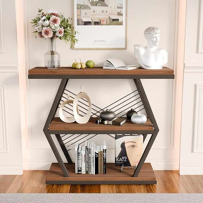 39.4" Entryway Table, Industrial 3-Tier Console Sofa Table with Open Wood Shelves, Wood Accent Table with Stable Metal Frame for Small Spaces, Entrance, Hallway, Foyer, Rustic Brown