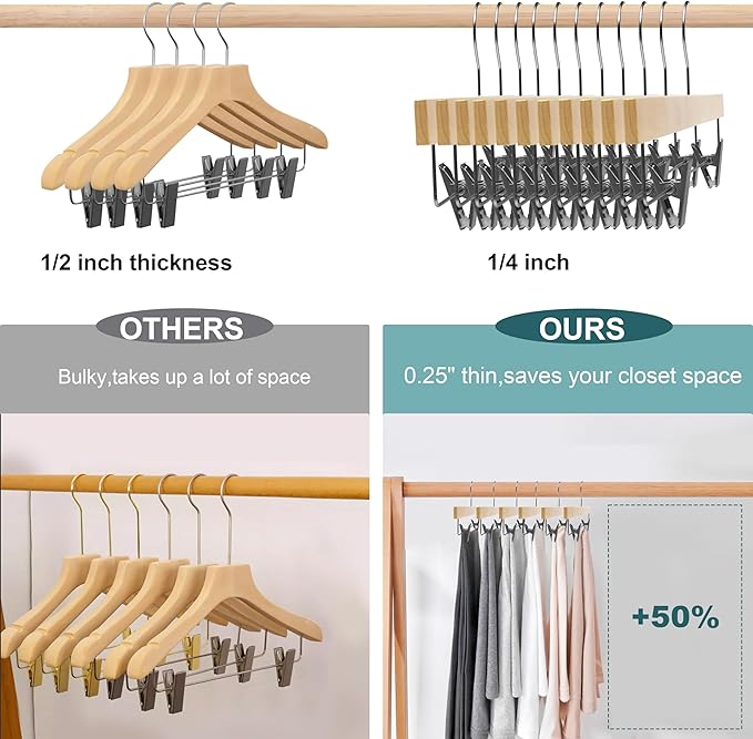 Quality Hangers 20 Pack Wooden Skirt Pant Hangers, Luxury 14" Ultra Thin Space Saving Skirt Hangers, 360 Degree Swivel Hook, Best for Pants, Skirts, Trousers, Leggings (20, Natural, Skirt/Pant)