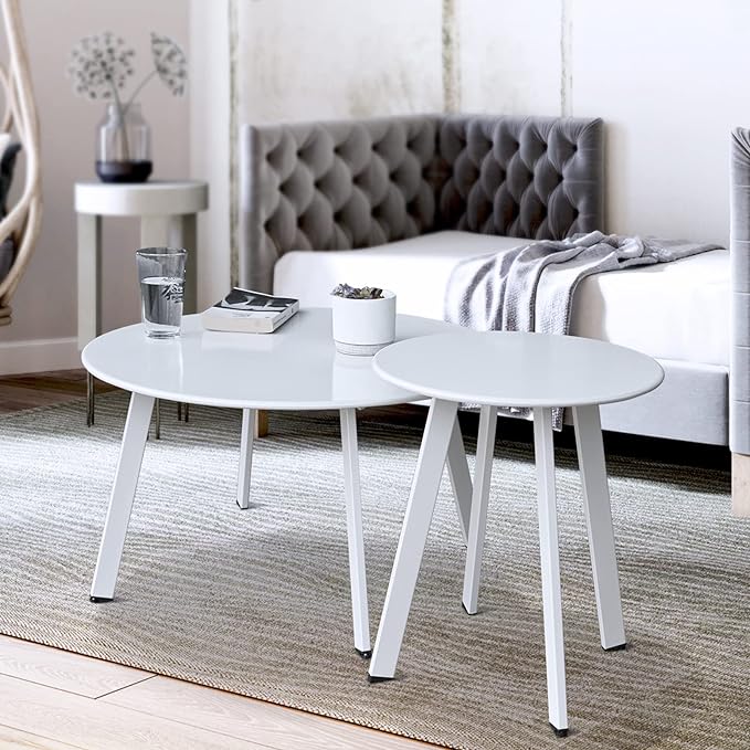 Outdoor Patio Coffee Table Set of 2, Weather Resistant End Table, Round Nesting Tables for Living Room Balcony Office, White