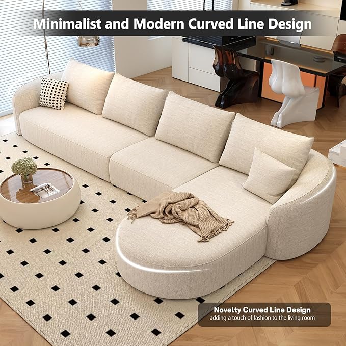 138.6" Modular Sectional Couches Luxury Modern Curved Back Sofa,Minimalist Comfy L-Shape Boneless Cloud Couch for Living Room Apartment,(Right Facing Chaise,White)