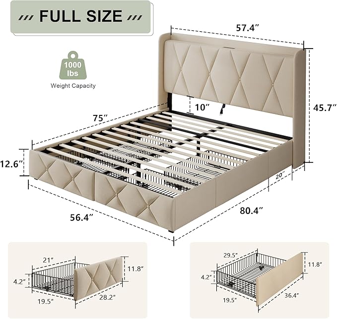 Feonase Full Size Bed Frame with 4 Storage Drawers, Upholstered Platform Bed with Charging Station, Wingback Storage Headboard, Wooden Slats Support, No Box Spring Needed, Easy Assembly, Beige