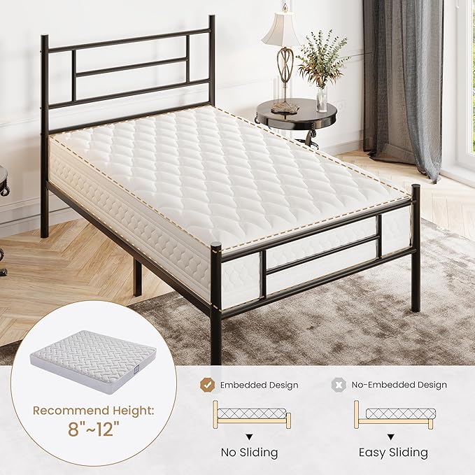 SHA CERLIN 14 Inch Twin Size Metal Bed Frame with Iron-Art Headboard and Footboard,Under Bed Storage Space,Platform Bed with Metal Slats Support,Easy Assembly,Noise Free,No Box Spring Needed,Black