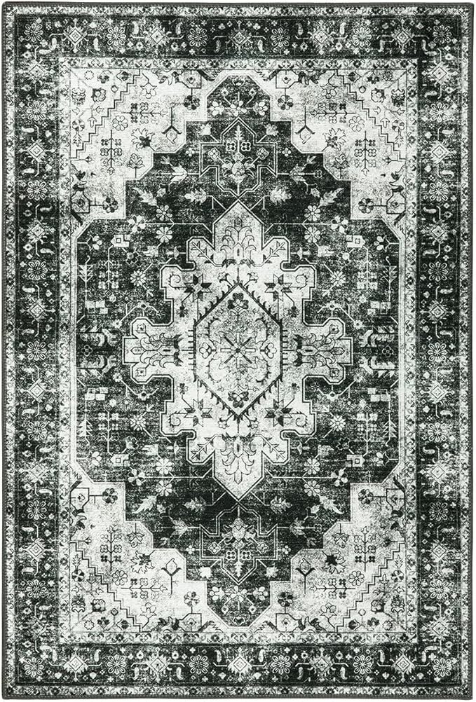 Moynesa Washable 2x3 Entryway Rug Small Front Door Mat, Black and White Kitchen Rugs Non Skid Non-Slip with Rubber Backing, Distressed Low Pile Throw Carpet for Indoor Outside Entrance