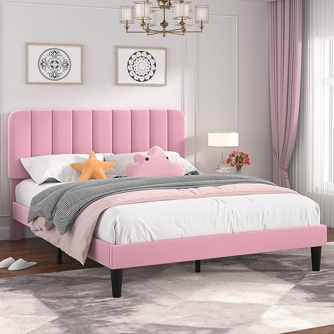VECELO Queen Size Bed Frame with Upholstered Headboard, Velvet Platform Bedframe Mattress Foundation, Strong Wood Slat Support, No Box Spring Needed, Pink