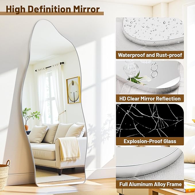 Antok Full Length Mirror, 76"x36" Floor Mirror with Stand, Standing Hanging Leaning Irregular Mirrors for Bedroom Living Room Entryway, Cloud Shaped, Silvery