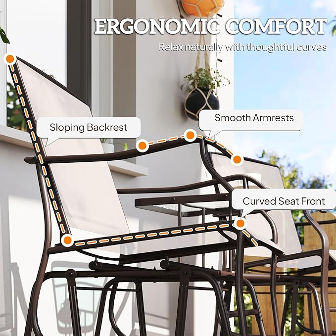 Outsunny Outdoor Glider Chairs with Coffee Table, Patio 2-Seat Rocking Chair Swing Loveseat with Breathable Sling for Backyard, Garden, and Porch, Beige