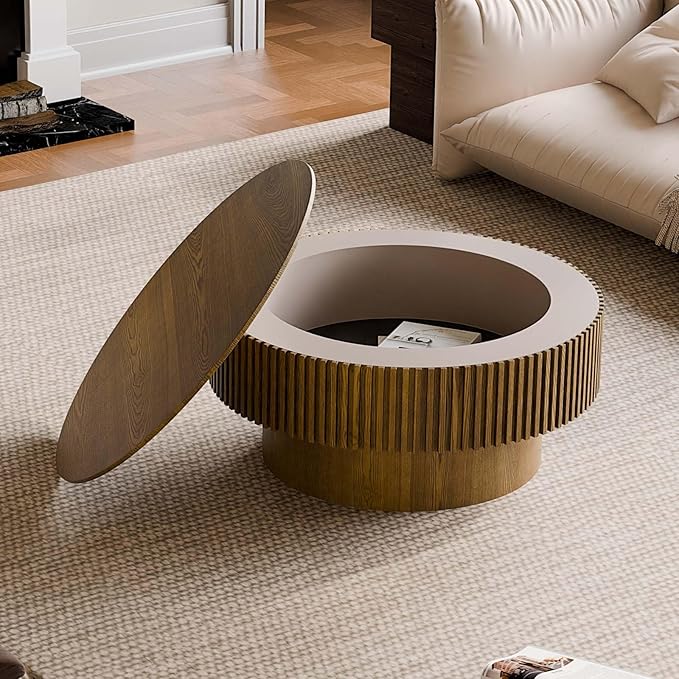 31.5'' Small Round Coffee Table with Storage, Fluted Coffee Table with Solid Wood Veneered, Mid Century Modern Wooden Center Table, Accent Tea Table for Small Space Living Room Apartment, Brown
