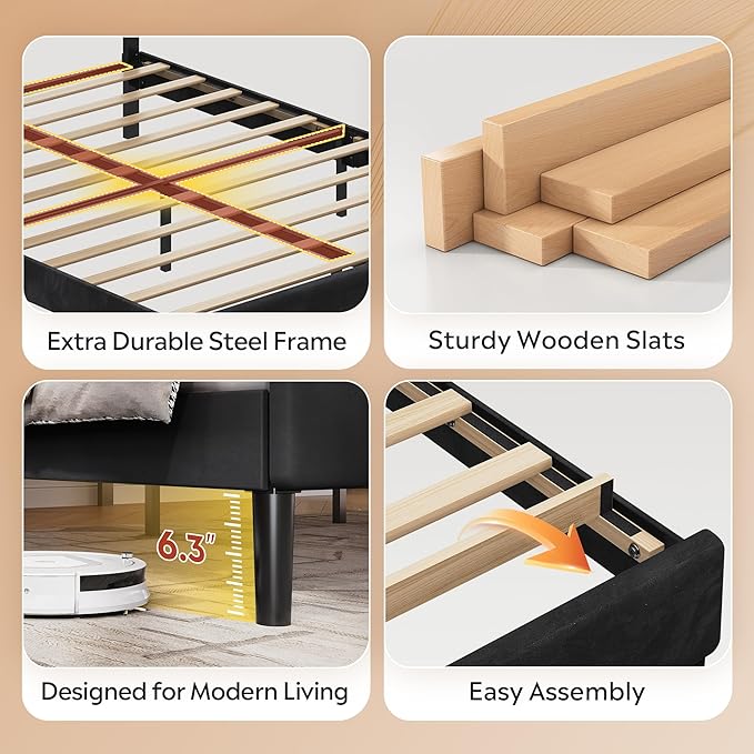 WLIVE Queen Size Upholstered Bed Frame, Velvet Square Tufted Headboard,Sturdy Metal & Wooden Slats Support, No Box Spring Needed, Black