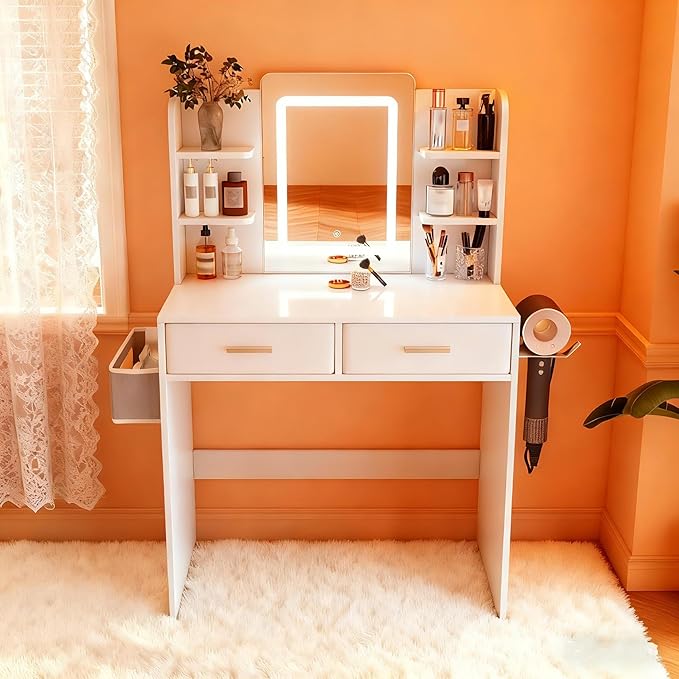 Casaphoria White Vanity Desk with 3-Color LED Mirror, 27.5" Makeup Table with Storage Drawers for Bedroom, Vanity Table with Hair Dryer Stand & Non-Woven Storage Bag for Women and Girls