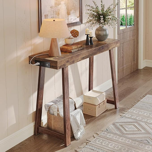 Huuger Entryway Console Table with Charging Station, USB-C Port, 39.4 Inch Sofa Table with Metal Legs, Entry Hallway Table with Thicker Desktop, Modern Behind Couch Table, Rustic Brown