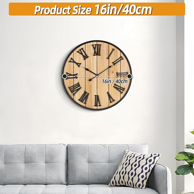 Large Wall Clock 16IN, Silent Metal Wood Style Wall Clocks Battery Operated for Living Room Decor, Farmhouse Big Wall Clock, Outdoor