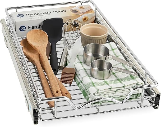 HOLDN’ STORAGE Pull Out Cabinet Organizer, Heavy Duty Caddy w/Lifetime Limited Warranty - 8”W x 21”D - Requires At Least 9-1/4” Cabinet Opening, Steel Metal Cabinet Drawers Slide Out, Chrome