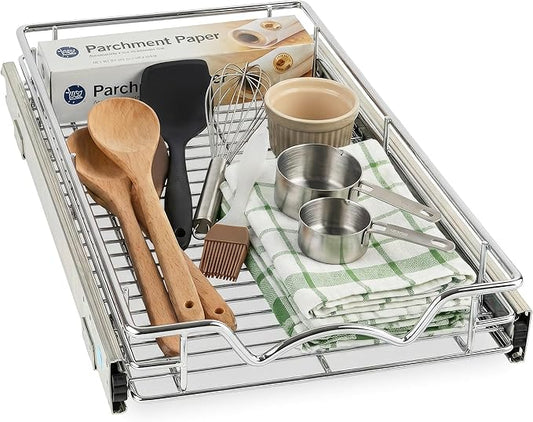 HOLDN’ STORAGE Pull Out Cabinet Organizer, Heavy Duty Caddy w/Lifetime Limited Warranty - 8”W x 21”D - Requires At Least 9-1/4” Cabinet Opening, Steel Metal Cabinet Drawers Slide Out, Chrome